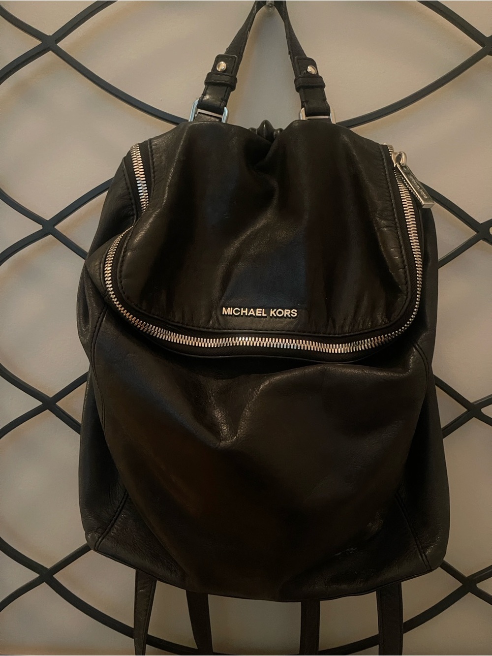 Michael Kors Black Leather Backpack with Silver Hardware
